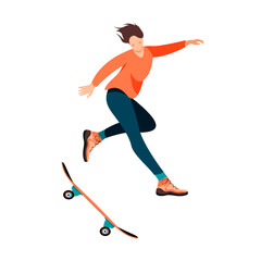 Isolated on white woman jumping with a skateboard vector illustration. Girl riding a board design element. Modern activity, urban vehicle in flat cartoon style.