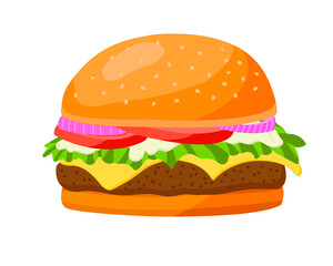 Big tasty burger with Lettuce Tomato Onion Cheese Beef and Sauce. Fast Food. Isolated on white Background.