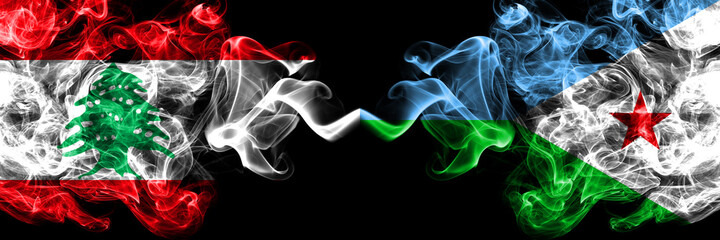 Lebanon vs Djibouti smoky mystic flags placed side by side. Thick colored silky abstract smoke flags.
