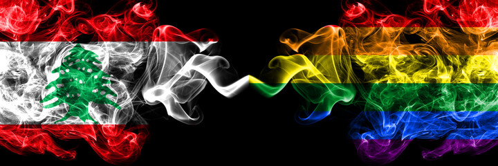 Lebanon vs Gay pride smoky mystic flags placed side by side. Thick colored silky abstract smoke flags.