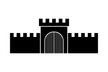 Fortress gate and wall icon. Front view. Black silhouette. Vector flat graphic illustration. The isolated object on a white background. Isolate.