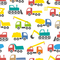 Bright multicolored construction machinery isolated on white background. Childish cute seamless pattern. Vector flat graphic hand drawn illustration. Texture.