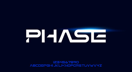 Phase, a geometric futuristic scifi alphabet font typeface design. digital space typography vector illustration