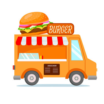 Bright food truck with burgers. Big burger on top of the truck. Burger menu and sign on top. Orange car delivery. Food festival. Vector isolated.