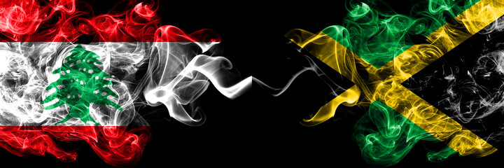 Lebanon vs Jamaica, Jamaican smoky mystic flags placed side by side. Thick colored silky abstract smoke flags.