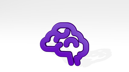 study brain stand with shadow. 3D illustration of metallic sculpture over a white background with mild texture. education and school