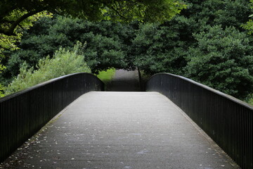 Small asphalt bridge under heavy green vegetation and trees in park in Glasgow Scotland UK
