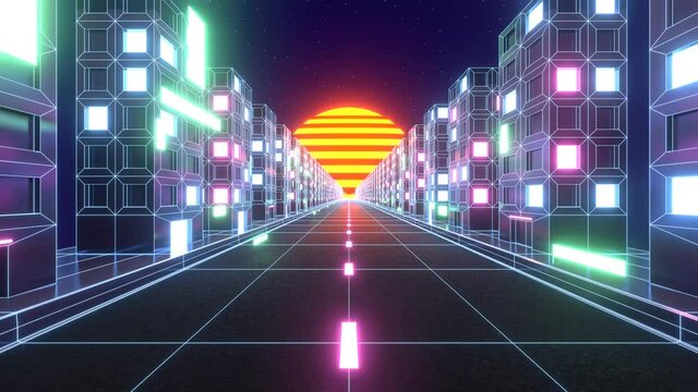 3d motion synthwave night city traffic light trails