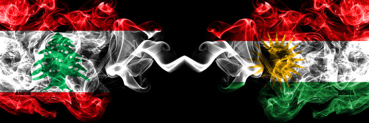 Lebanon vs Kurdistan, Kurdish smoky mystic flags placed side by side. Thick colored silky abstract smoke flags.