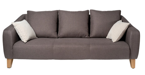 Soft grey couch on white background close up