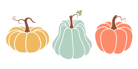 Bright illustration of pumpkins in a flat style. Cute vegetables are perfect for decorating autumn holidays, Halloween, healthy food, office supplies.