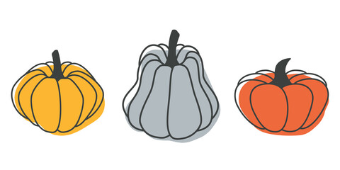 Bright illustration of pumpkins in a flat style. Cute vegetables are perfect for decorating autumn holidays, Halloween, healthy food, office supplies.