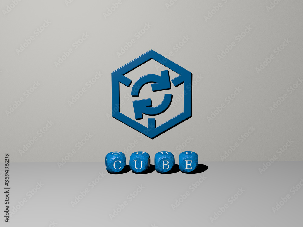 Poster 3d representation of cube with icon on the wall and text arranged by metallic cubic letters on a mir