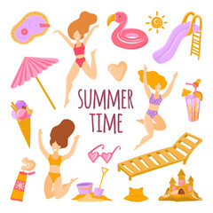 Vector set with illustrations of everlasting young long-haired girls on the ring in the pool. Summer vacation, pool party concept. Clip art,, stickers, creating illustrations on the summer theme
