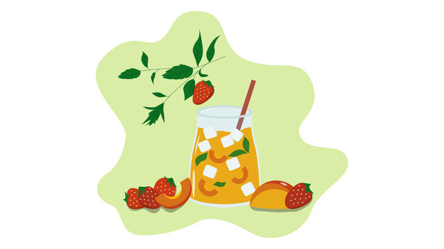 summer juice, cocktail, lemonage illustration, green background, summer fruit, august drink, strawberry and pich