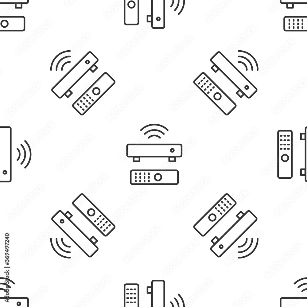 Poster grey line wireless multimedia and tv box receiver and player with remote controller icon isolated se