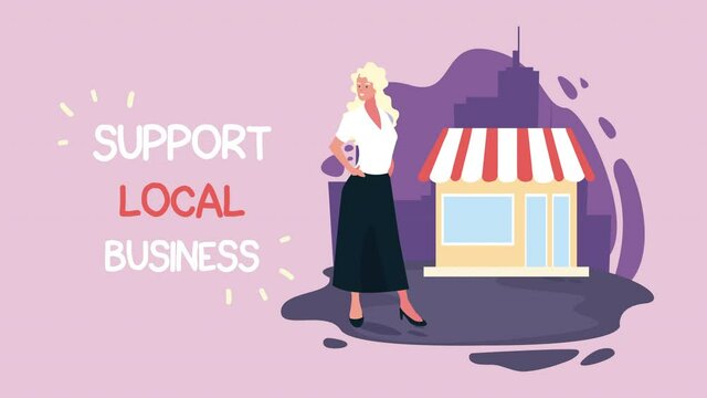 support local business lettering with store building and businesswoman animation
