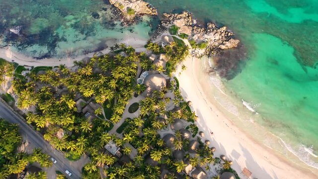 Aerial view of the beach shore in Tulum, Quintana Roo, Mexico.