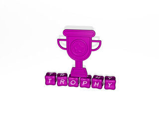 3D representation of trophy with icon on the wall and text arranged by metallic cubic letters on a mirror floor for concept meaning and slideshow presentation. illustration and award