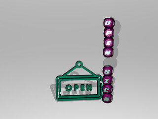 Obraz premium 3D representation of open sign with icon on the wall and text arranged by metallic cubic letters on a mirror floor for concept meaning and slideshow presentation. background and illustration