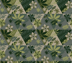 Khaki green geometric flora seamless pattern