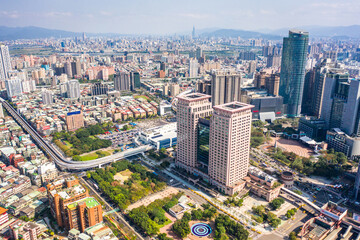 This is a view of the Banqiao district in New Taipei where many new buildings can be seen, the building in the center is Banqiao station, Skyline of New taipei city