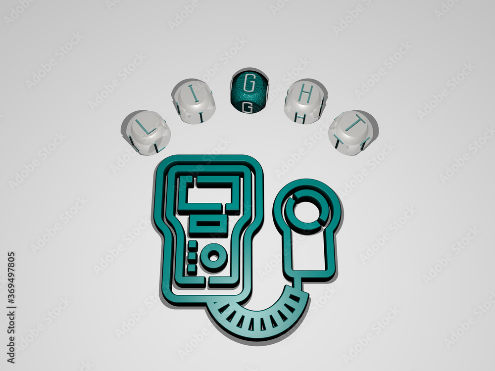 Poster 3d illustration of light graphics and text around the icon made by metallic dice letters for the rel