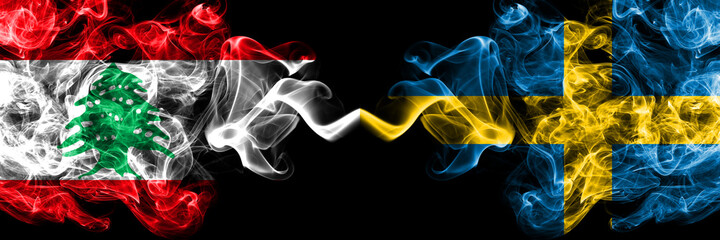 Lebanon vs Sweden, Swedish smoky mystic flags placed side by side. Thick colored silky abstract smoke flags.