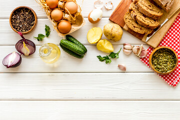 Country dinner table with fresh homemade food. Overhead view