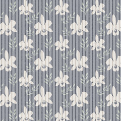 Orchid floral pattern in muted soft colors with vertical stripes for backgrounds and design elements.