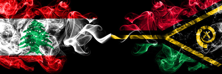 Lebanon vs Vanuatu smoky mystic flags placed side by side. Thick colored silky abstract smoke flags.