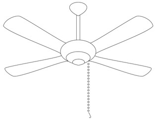 Vector image of chandelier with a simple lamp, a cord and a four-blade cooling propeller. Generic hvac appliance.