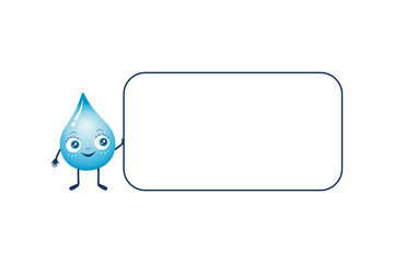 Vector illustration of water drop character holding a sign board. Copy space for your text or slogan. Design for banner, cards, poster and other.