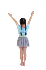 Back of asian little child girl with pigtail hair standing and raise hands up isolated on white background. Full length