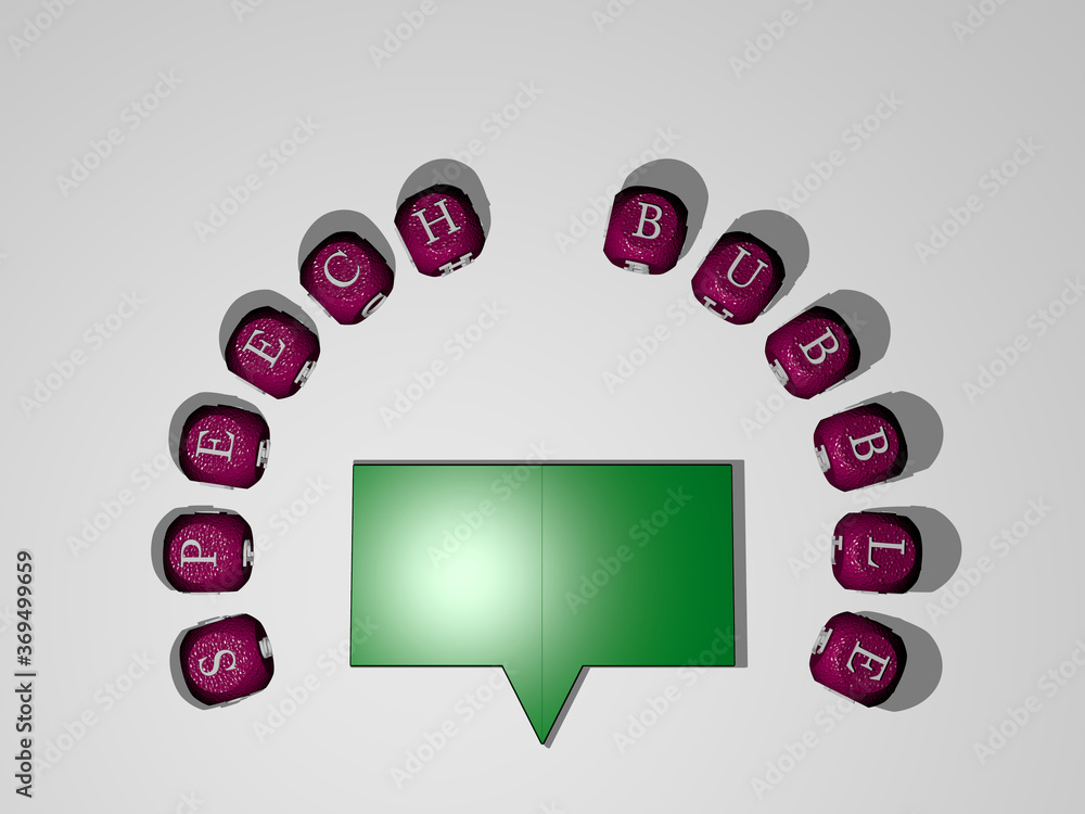 Poster 3d illustration of speech bubble graphics and text around the icon made by metallic dice letters for