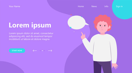 Red-haired guy pointing at empty speech bubble. Finger, chat, network flat vector illustration. Communication and message concept for banner, website design or landing web page