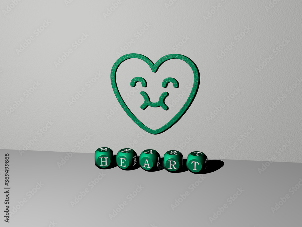 Poster 3d representation of heart with icon on the wall and text arranged by metallic cubic letters on a mi