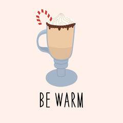 Cup of hot coffee with cream,chocolate and candy. Autumn and winter collection. The inscription 