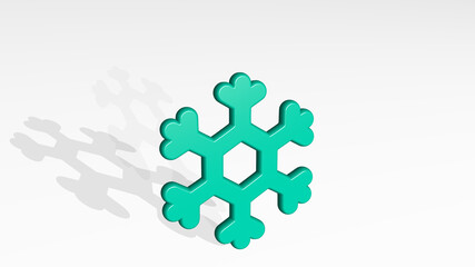 CHRISTMAS SNOWFLAKE stand with shadow. 3D illustration of metallic sculpture over a white background with mild texture. celebration and abstract