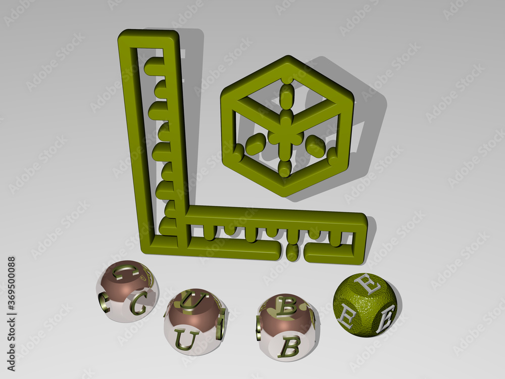 Poster 3d graphical image of cube vertically along with text built around the icon by metallic cubic letter