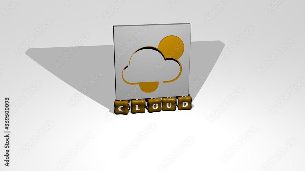 Poster 3d representation of cloud with icon on the wall and text arranged by metallic cubic letters on a mi