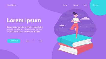Happy student girl doing yoga. Stack of books, night sky, tree pose flat vector illustration. Meditation, relaxation, balance concept for banner, website design or landing web page
