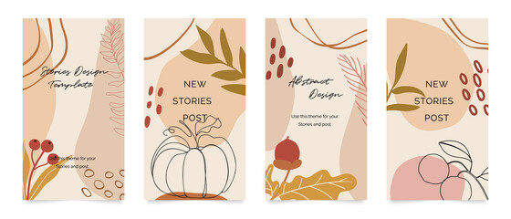 Autumn Social media stories and post template vector set. Cover background with Abstract shape and floral.  Autumn sale banner Vector illustration.