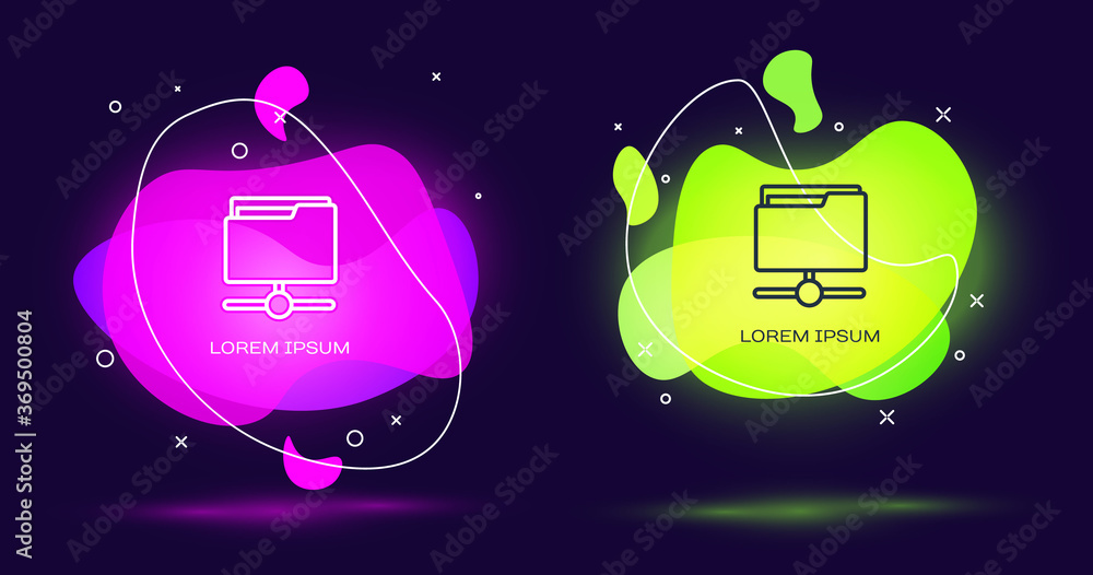 Poster Line FTP folder icon isolated on black background. Software update, transfer protocol, router, teamwork tool management, copy process, info. Abstract banner with liquid shapes. Vector.