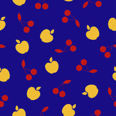 Flat red cherry and yellow apple with little leaves on bright blue background. Seamless fruit summer pattern. Suitable for wrapping, textile.