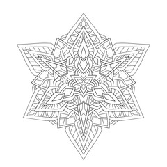 Decorative snowflake mandala with geometry pattern on white isolated background. Suitable for coloring book pages.