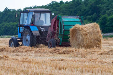 Obraz premium A tractor with a trailed bale making machine collects straw rolls in the field and makes round large bales