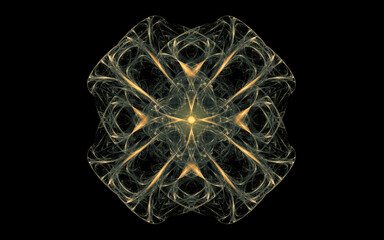 fantastic abstract symmetrical flower with petals consisting of a variety of geometric shapes of different colors on a black background