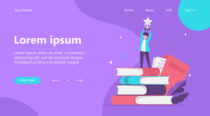 Man getting award in writing. Star, writer, feather flat vector illustration. Knowledge and education concept for banner, website design or landing web page