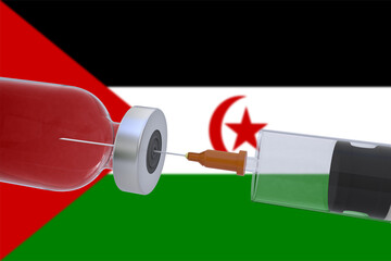 3D Illustration vaccine container bottle accompanied by a syringe with Western Sahara flag covid19 covid-19 coronavirus.